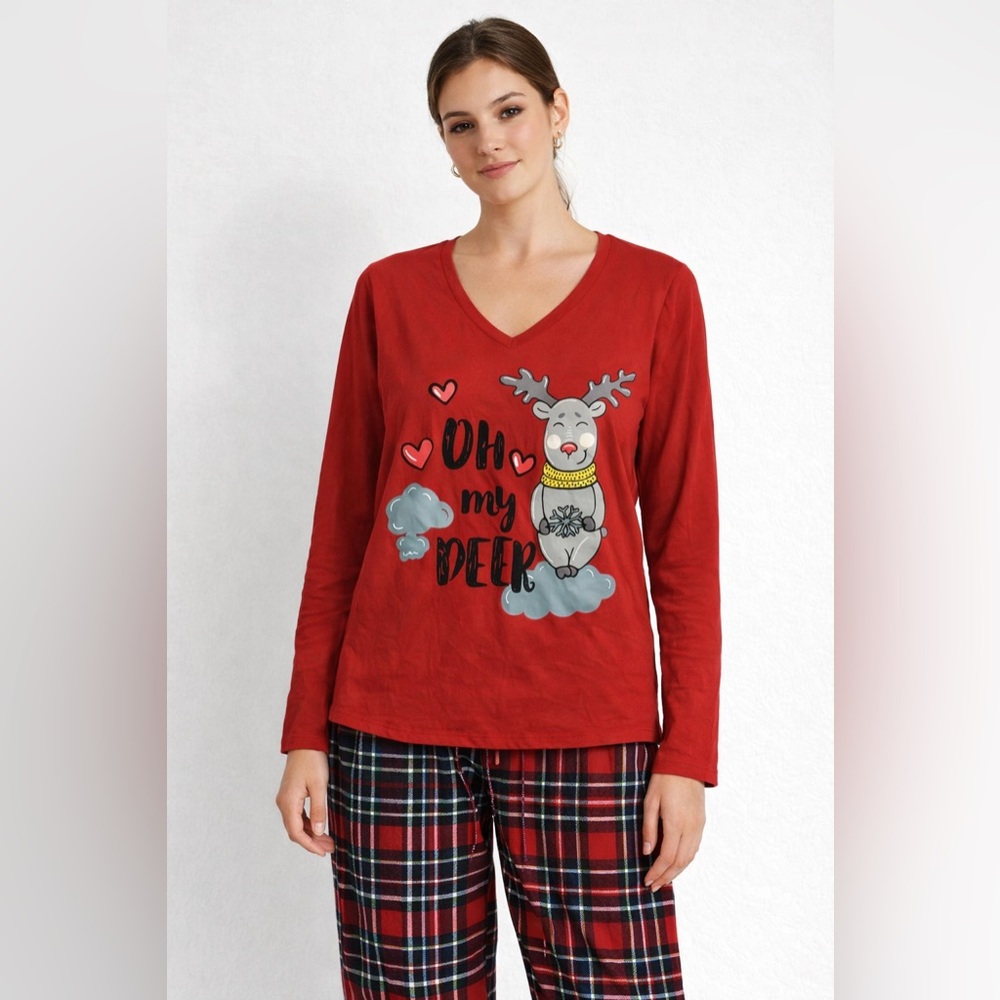 Smart Trend Women Red Christmas Pajama Top Oh My Deer V-Neck Long Sleeve Size L
